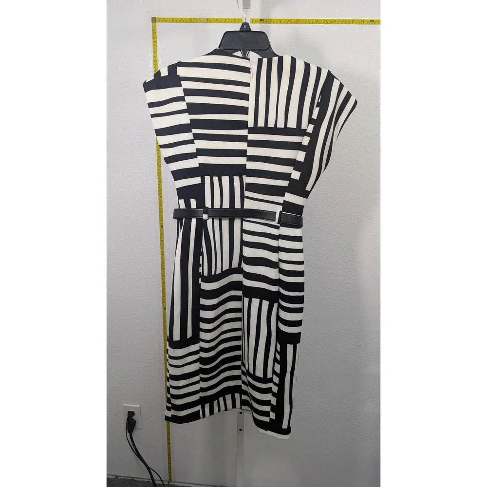 Calvin Klein Black Wht Striped Geometric Belted Sheath Dress Size 2 Professional